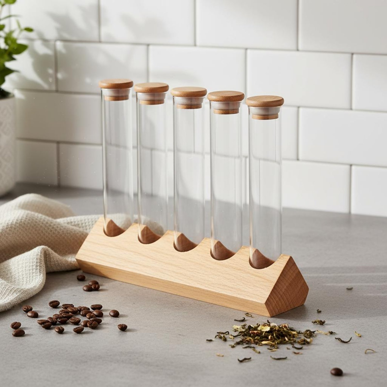 Glass Tube Container Set with  - đánh giá và giá Display Stand Wood